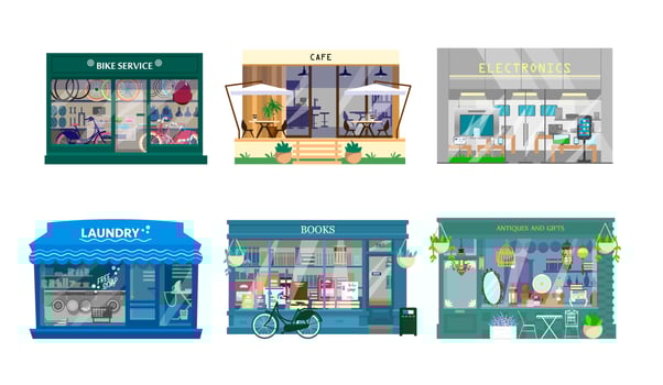 Vector set of shops exteriors. Bycicle service, cafe, laundry, books shop, antiques and gifts shop, electronics. Flat cartoon style. Store fronts.