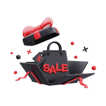 Black Friday Super Sale with opened gift boxes and shopping bag, Christmas and Happy New Year promotion, 3d rendering. png