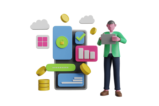 3d rendering security system. Internet banking via credit card on mobile.Security system in smartphone. Mobile phone with passcode screen and face recognition app icon png