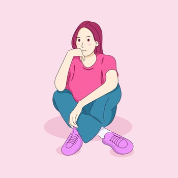 Hand Drawn Beauty Woman Sit and Thinking Pose Fashion vector