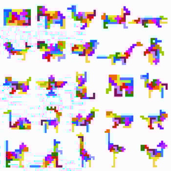 Puzzle game. Tetris bricks for children. Schemas with different animals and birds. Polyominoes puzzle. Vector illustration
