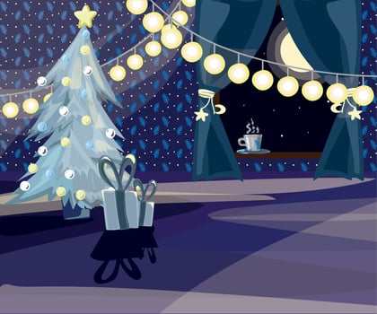 Christmas illustration of home interior. Christmas tree with gifts and garlands. vector