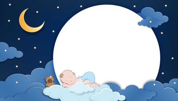 Baby shower card,Cute little boy and teddy bear sleeping on fluffy cloud with crescent moon and dark blue sky at night background, Vector Paper cut cloudscape backdrop with copy space for baby's photo