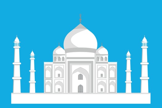 Indian white palace with towers, flat illustration, palace in white and gray colors on a blue background vector