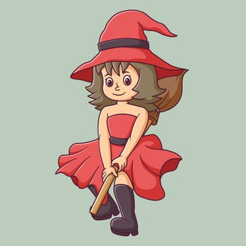 Cartoon Flying red witch riding a broom. Witch Mascot Cartoon Character. Halloween Icon Concept White Isolated. Flat Cartoon Style Suitable for Web Landing Page, Banner, Flyer, Sticker, Card vector