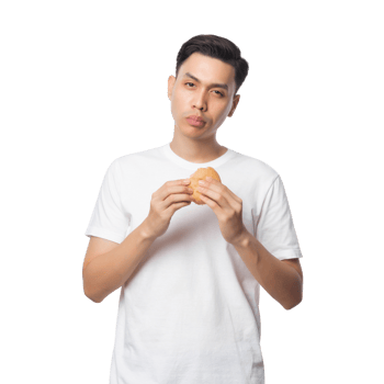 Young asian man with hamburger cutout, Png file