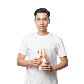 Young asian man holding popcorn cutout, Png file