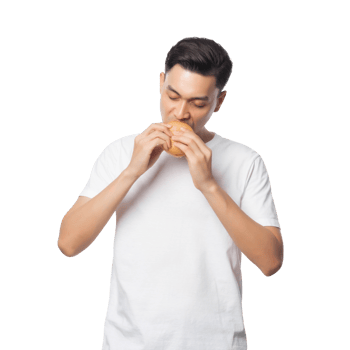 Young asian man with hamburger cutout, Png file