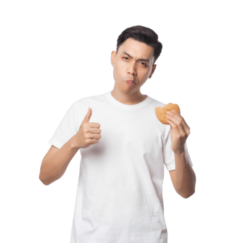 Young asian man with hamburger cutout, Png file