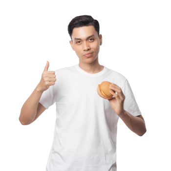 Young asian man with hamburger cutout, Png file