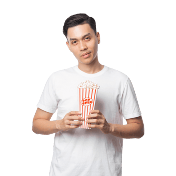 Young asian man holding popcorn cutout, Png file