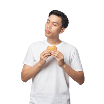 Young asian man with hamburger cutout, Png file