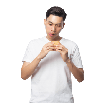 Young asian man with hamburger cutout, Png file