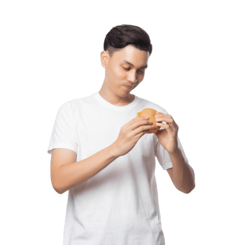 Young asian man with hamburger cutout, Png file
