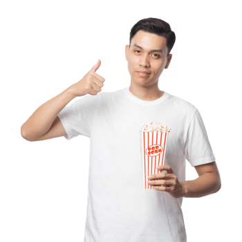 Young asian man holding popcorn cutout, Png file