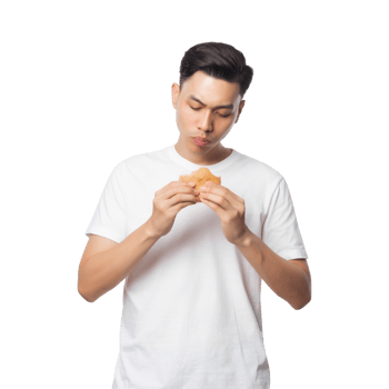 Young asian man with hamburger cutout, Png file