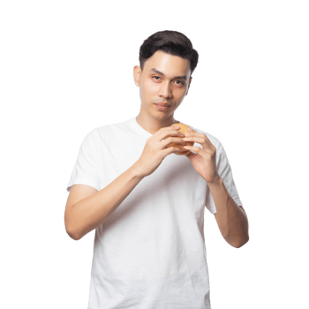 Young asian man with hamburger cutout, Png file