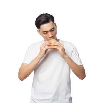 Young asian man with hamburger cutout, Png file