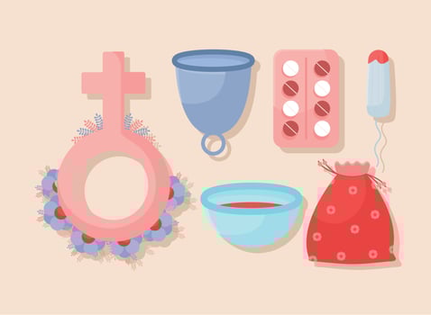six women menstrual items vector
