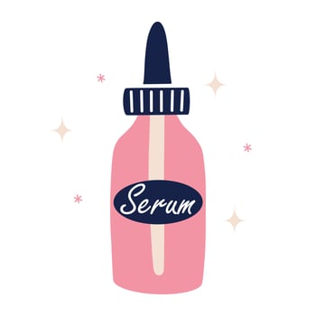 Body serum vector icon. Glass bottle with cosmetic product for skin care, cleansing, moisturizing. Natural antiaging oil isolated on white. Flat cartoon clipart for beauty, spa, logo, web