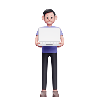 man standing holding laptop with both hands 3d render character illustration png