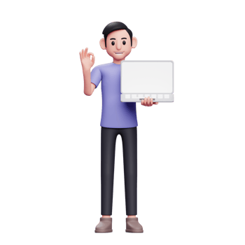 man standing holding laptop while giving ok sign with hand 3d render character illustration png