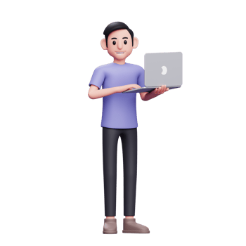boy standing holding laptop and typing while looking at camera 3d render character illustration png