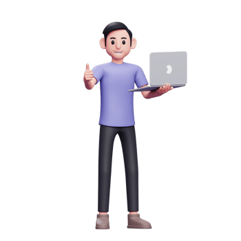 boy standing holding laptop with left hand giving thumbs up 3d render character illustration png