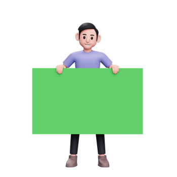 3d Character illustration Casual man standing and holding a big green banner in front of it png