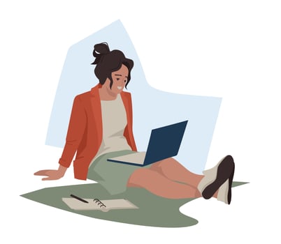 Student, teenager. A girl with a laptop sits on the grass. Student life. Vector image.