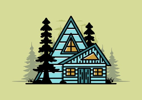 Aesthetic wood house between two pine tree illustration badge design vector