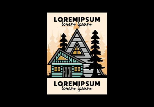 Aesthetic wood house between two pine tree illustration badge design vector