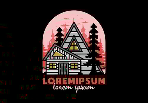 Aesthetic wood house between two pine tree illustration badge design vector