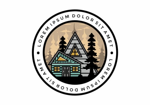 Aesthetic wood house between two pine tree illustration badge design vector