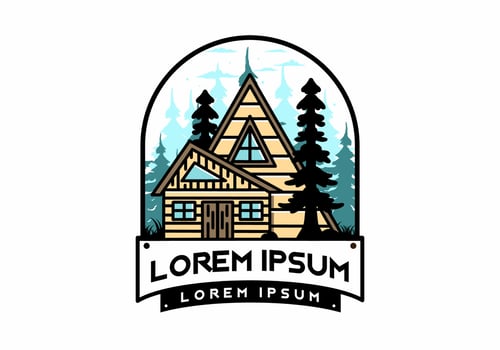 Aesthetic wood house between two pine tree illustration badge design vector