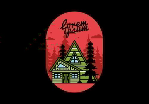 Aesthetic wood house between two pine tree illustration badge design vector