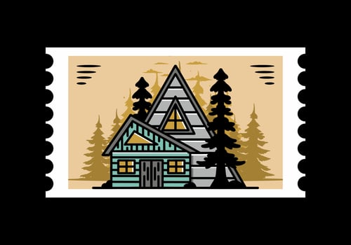 Aesthetic wood house between two pine tree illustration badge design vector
