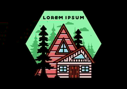 Aesthetic wood house between two pine tree illustration badge design vector