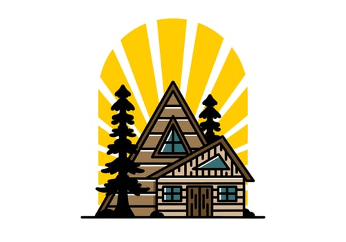 Aesthetic wood house between two pine tree illustration badge design vector