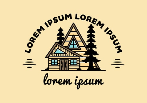 Aesthetic wood house between two pine tree illustration badge design vector
