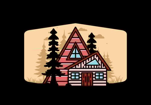 Aesthetic wood house between two pine tree illustration badge design vector