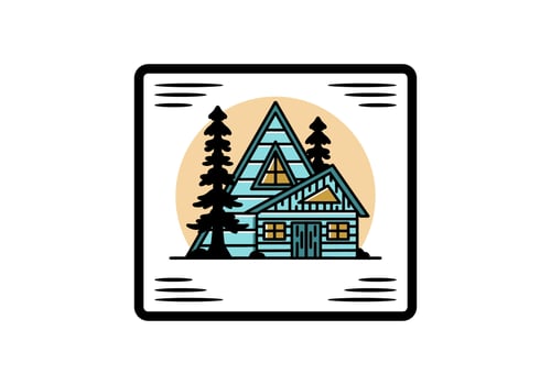 Aesthetic wood house between two pine tree illustration badge design vector