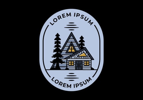 Aesthetic wood house between two pine tree illustration badge design vector