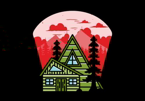 Aesthetic wood house between two pine tree illustration badge design vector
