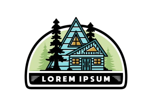 Aesthetic wood house between two pine tree illustration badge design vector