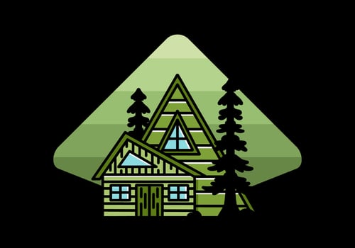 Aesthetic wood house between two pine tree illustration badge design vector