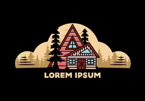 Aesthetic wood house between two pine tree illustration badge design vector