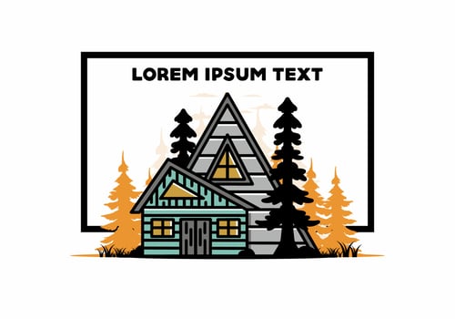 Aesthetic wood house between two pine tree illustration badge design vector