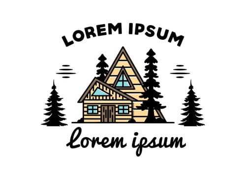 Aesthetic wood house between two pine tree illustration badge design vector