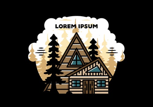 Aesthetic wood house between two pine tree illustration badge design vector